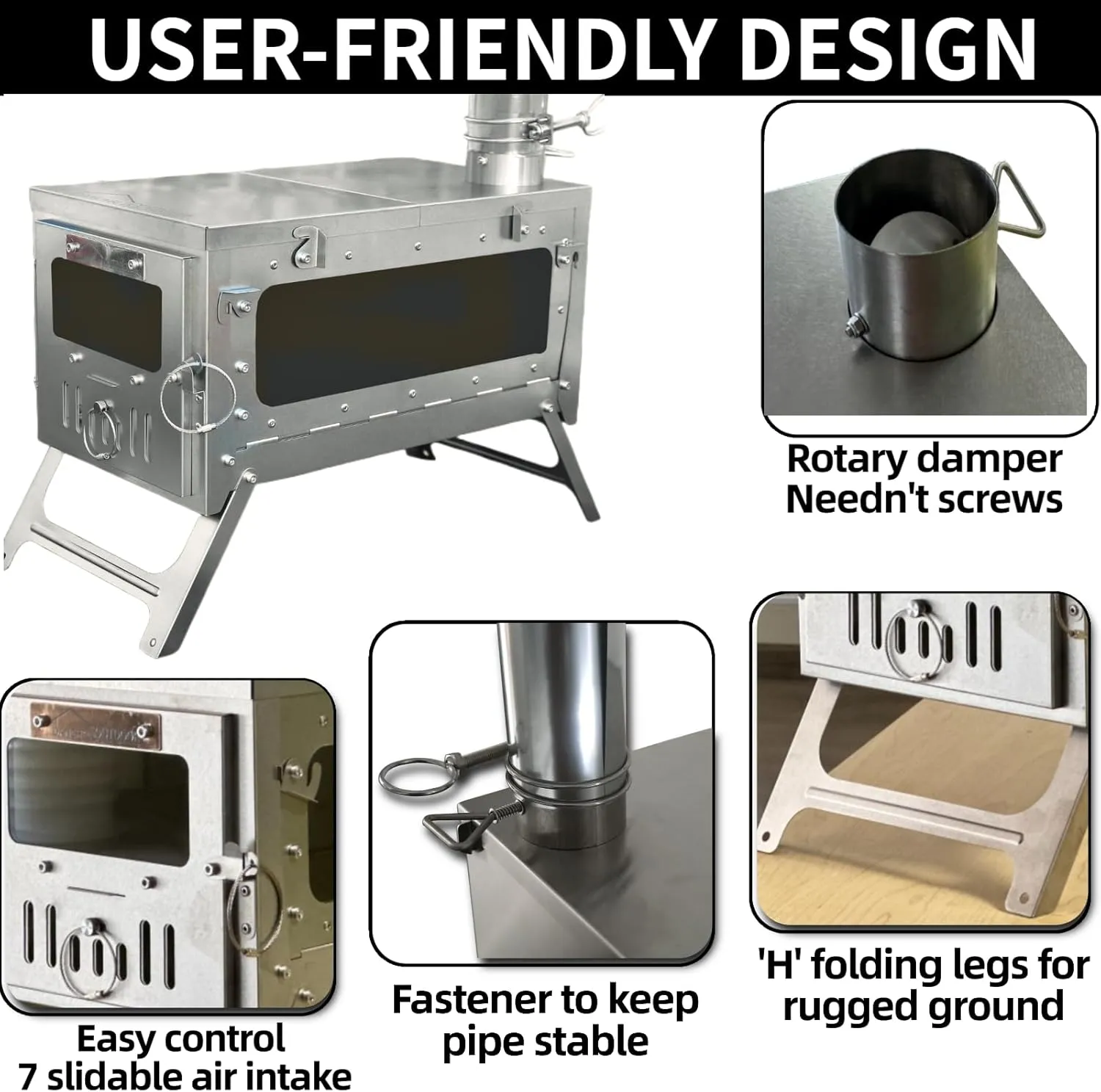 DANCHEL OUTDOOR TSG Portable TA1 Titanium Hot Tent Stove - Lightweight Folding Wood Burning Stove with Roll-Up Chimney Pipe Backpacking Camping Cooking(Small/Large Size Options)