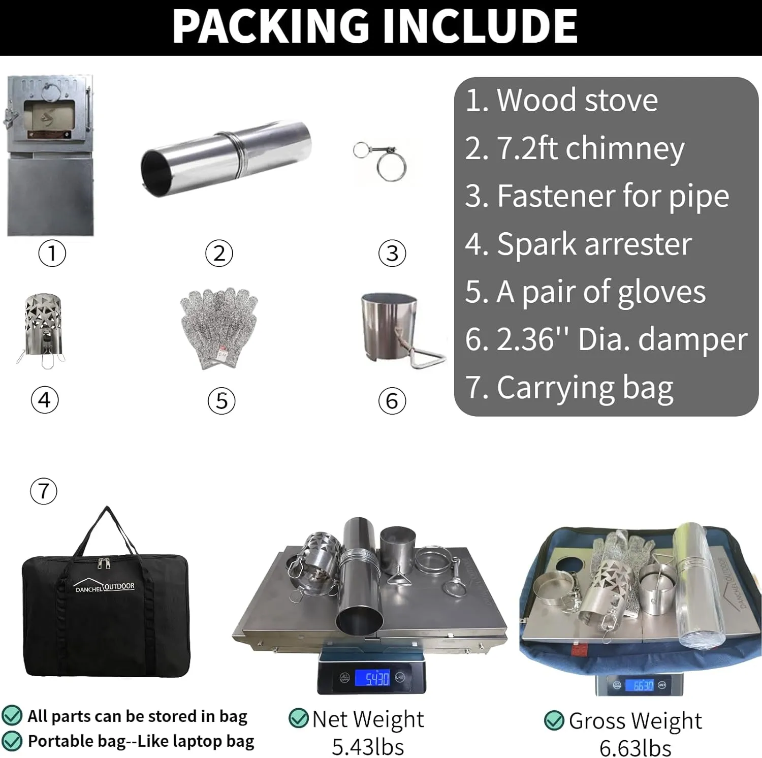 DANCHEL OUTDOOR TSG Portable TA1 Titanium Hot Tent Stove - Lightweight Folding Wood Burning Stove with Roll-Up Chimney Pipe Backpacking Camping Cooking(Small/Large Size Options)