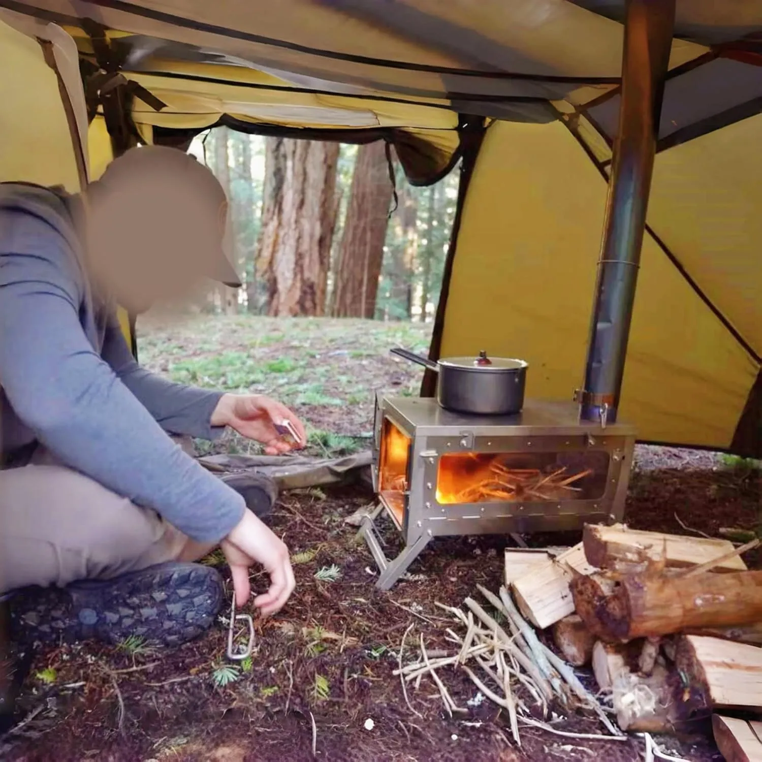 DANCHEL OUTDOOR TSG Portable TA1 Titanium Hot Tent Stove - Lightweight Folding Wood Burning Stove with Roll-Up Chimney Pipe Backpacking Camping Cooking(Small/Large Size Options)