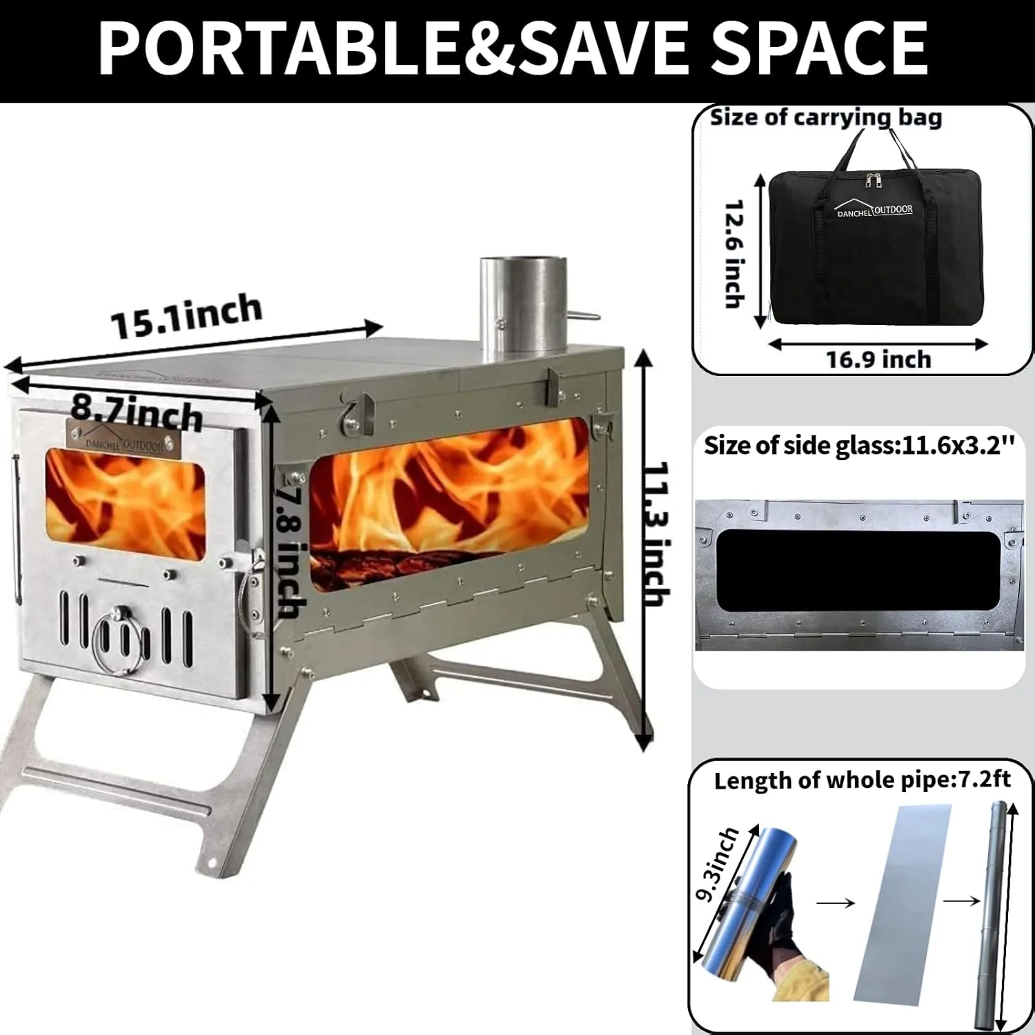 DANCHEL OUTDOOR TSG Portable TA1 Titanium Hot Tent Stove - Lightweight Folding Wood Burning Stove with Roll-Up Chimney Pipe Backpacking Camping Cooking(Small/Large Size Options)