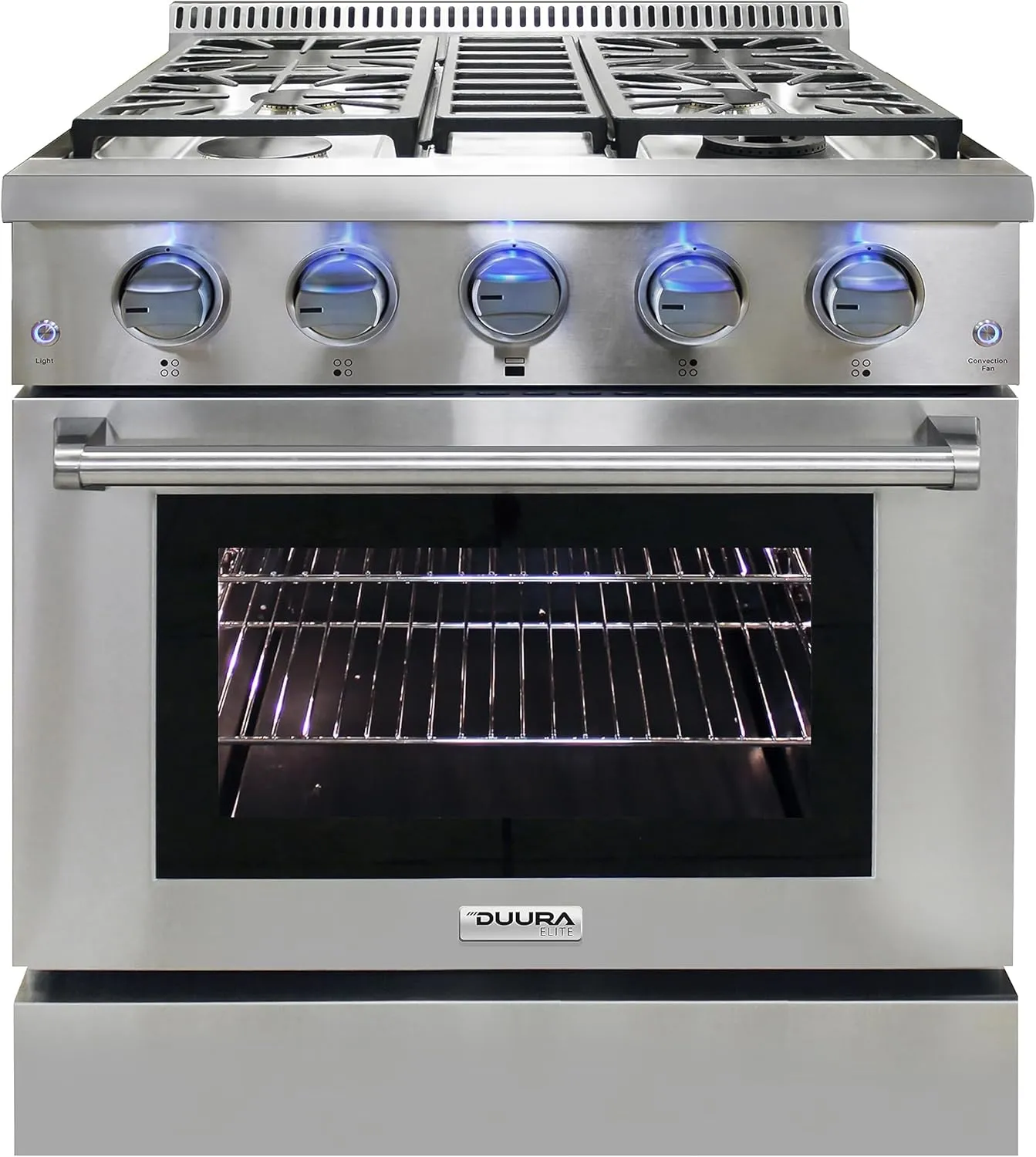 DE300GRTSS Gas Range with 4 Burner Cooktop Freestanding 30-Inch with Porcelain Convection Oven and Broil Function, Continuous Grates with Stainless Steel Construction, Metallic