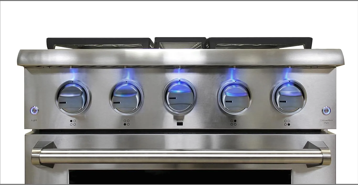 DE300GRTSS Gas Range with 4 Burner Cooktop Freestanding 30-Inch with Porcelain Convection Oven and Broil Function, Continuous Grates with Stainless Steel Construction, Metallic