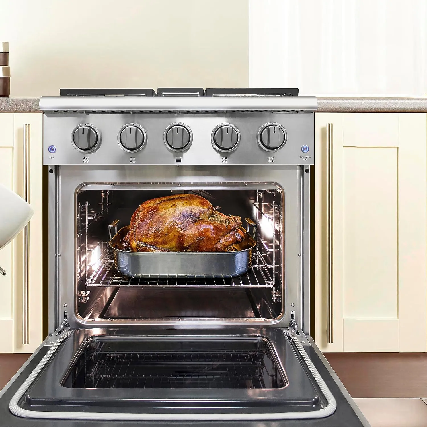 DE300GRTSS Gas Range with 4 Burner Cooktop Freestanding 30-Inch with Porcelain Convection Oven and Broil Function, Continuous Grates with Stainless Steel Construction, Metallic
