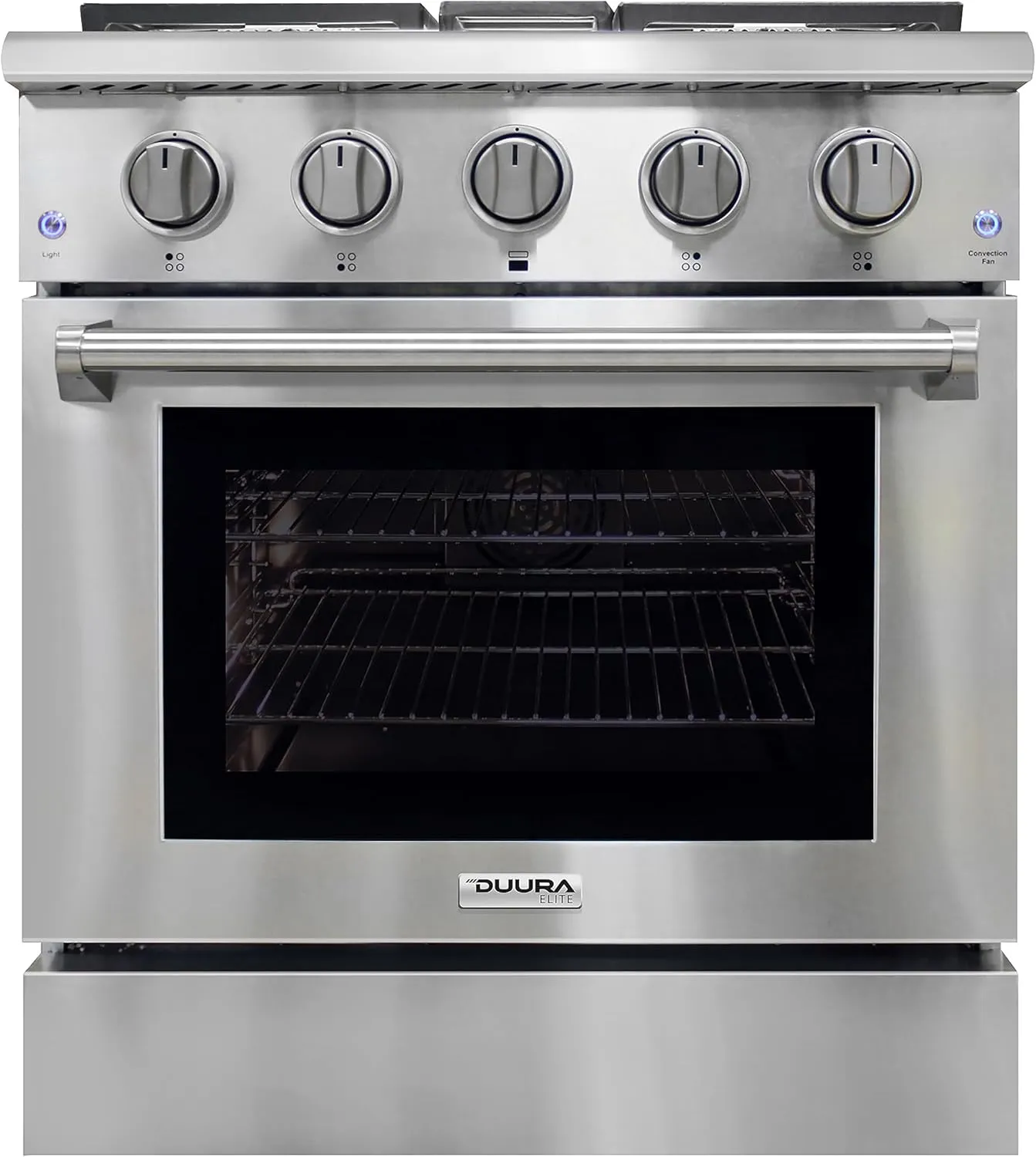 DE300GRTSS Gas Range with 4 Burner Cooktop Freestanding 30-Inch with Porcelain Convection Oven and Broil Function, Continuous Grates with Stainless Steel Construction, Metallic
