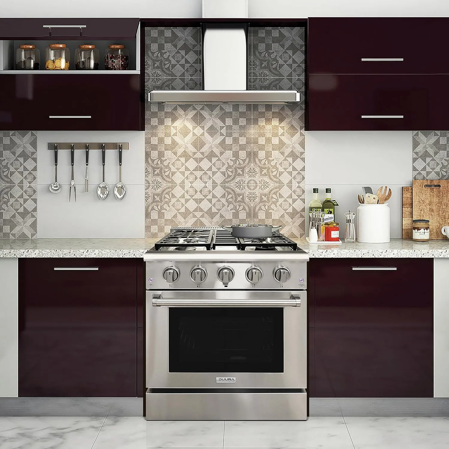 DE300GRTSS Gas Range with 4 Burner Cooktop Freestanding 30-Inch with Porcelain Convection Oven and Broil Function, Continuous Grates with Stainless Steel Construction, Metallic