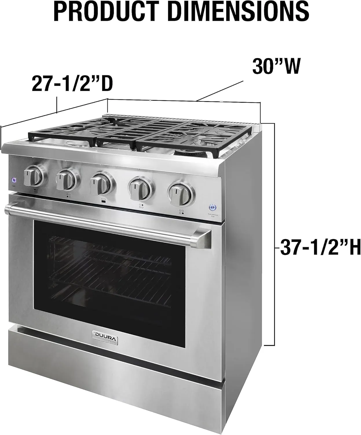 DE300GRTSS Gas Range with 4 Burner Cooktop Freestanding 30-Inch with Porcelain Convection Oven and Broil Function, Continuous Grates with Stainless Steel Construction, Metallic