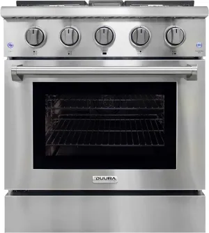 DE300GRTSS Gas Range with 4 Burner Cooktop Freestanding 30-Inch with Porcelain Convection Oven and Broil Function, Continuous Grates with Stainless Steel Construction, Metallic