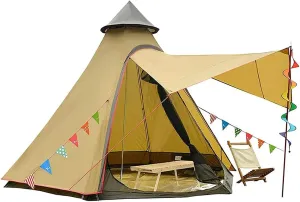 Dome Camping Tent Indian Teepee Tent 3-4 Person Double Layers Waterproof Anti-UV Windproof Tower Tent Outdoor Family Camping Tent