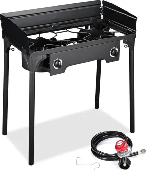 Double Burner Propane Stove with Windscreen & Detachable Legs O-Ring, Adjustable Air Pressure, Outdoor Portable Camp Stove for Camping, Backyard, BBQ Cookouts