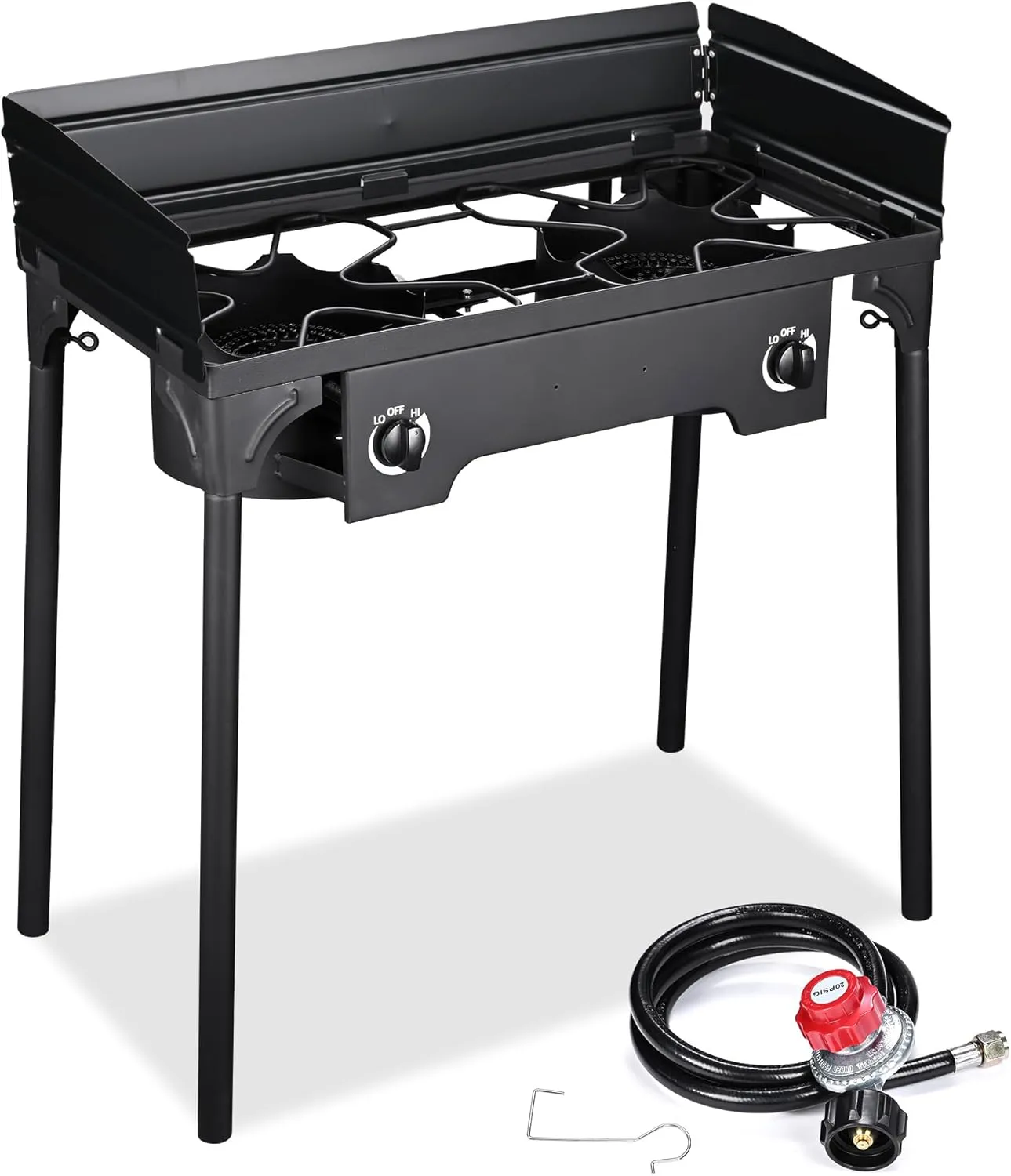 Double Burner Propane Stove with Windscreen & Detachable Legs O-Ring, Adjustable Air Pressure, Outdoor Portable Camp Stove for Camping, Backyard, BBQ Cookouts