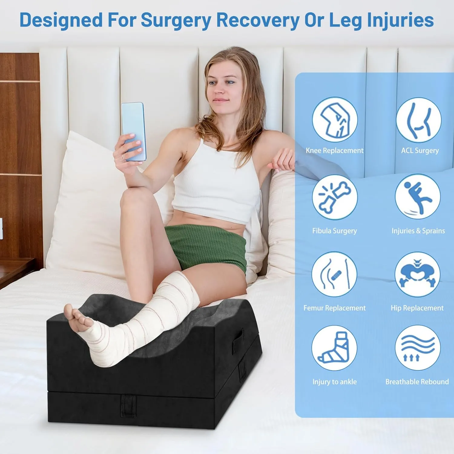 Double Leg Elevation Pillows, Wedge Pillow for After Surgery, Memory Foam Support Adjustable, Comfort Care for Back Knee Hip Ankles Pain, Knee Pillow for Sleeping Blood Circulation Black