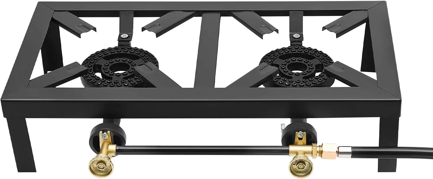 Double Propane Burner Camping Stove, 18.90" X 9.84" X 4.53" Gas Stove with Regulator Hose, Portable Gas Burner for Outdoor Cooking Patio Camping BBQ Home
