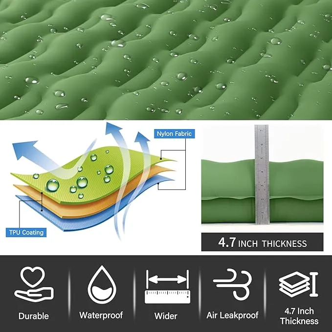 Double Sleeping Pad, 4.7 Inch Extra Thick Comfort Sleeping Mat for Backpacking Hiking Outdoor, Queen Camping Air Mattress with Built in Foot Pump, Compact Inflatable Camping Mat with Pillow