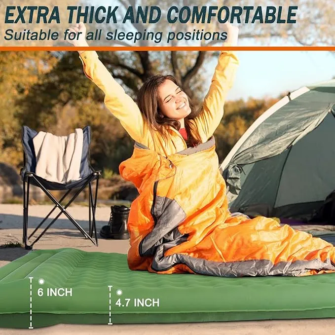 Double Sleeping Pad, 4.7 Inch Extra Thick Comfort Sleeping Mat for Backpacking Hiking Outdoor, Queen Camping Air Mattress with Built in Foot Pump, Compact Inflatable Camping Mat with Pillow