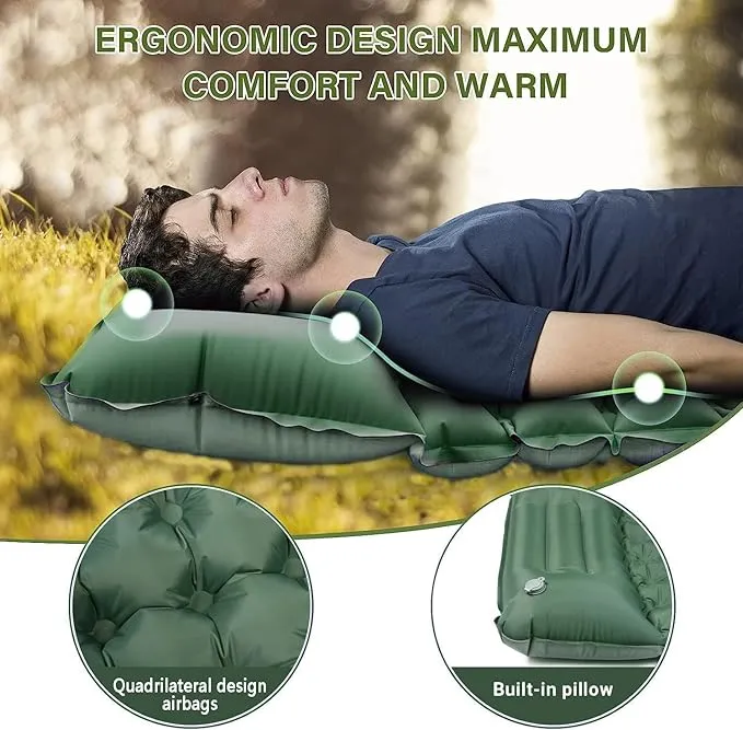 Double Sleeping Pad for Camping, Ultralight Camping Mattress with Pillow, Built-in Foot Pump, Thick Self-Inflatable 2-Person Portable Camping Mat for Backpacking Hiking Car Traveling Beach Tent