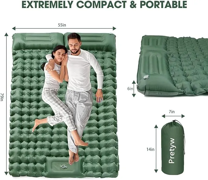 Double Sleeping Pad for Camping, Ultralight Camping Mattress with Pillow, Built-in Foot Pump, Thick Self-Inflatable 2-Person Portable Camping Mat for Backpacking Hiking Car Traveling Beach Tent