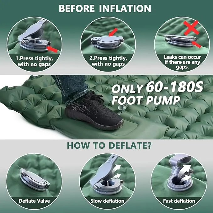 Double Sleeping Pad for Camping, Ultralight Camping Mattress with Pillow, Built-in Foot Pump, Thick Self-Inflatable 2-Person Portable Camping Mat for Backpacking Hiking Car Traveling Beach Tent