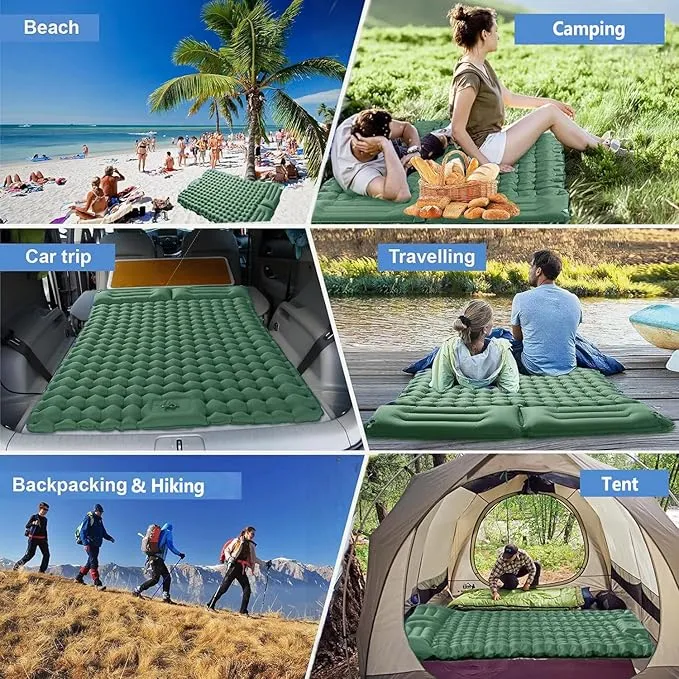 Double Sleeping Pad for Camping, Ultralight Camping Mattress with Pillow, Built-in Foot Pump, Thick Self-Inflatable 2-Person Portable Camping Mat for Backpacking Hiking Car Traveling Beach Tent
