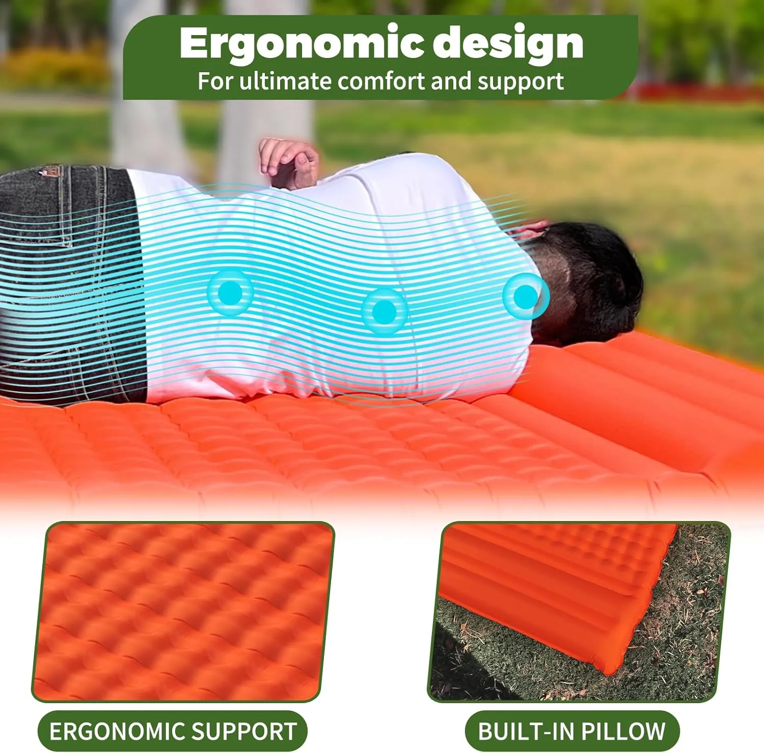 Double Sleeping Pad - Self Inflating, Portable Inflatable Sleeping Mat, Extra-Thick Large-Size Camping Pad, Built-In Foot Pump Camping Mat, Designed For Hiking, Traveling, Tent Camping (Orange)