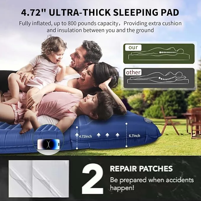 Double Sleeping Pad,4.75" Ultra-Thick Self Inflating Sleeping pad for Camping, with Pillow Built-in Foot Pump Camping Mattress for Backpacking, Car Camping, Hiking, Tent(Double Blue)