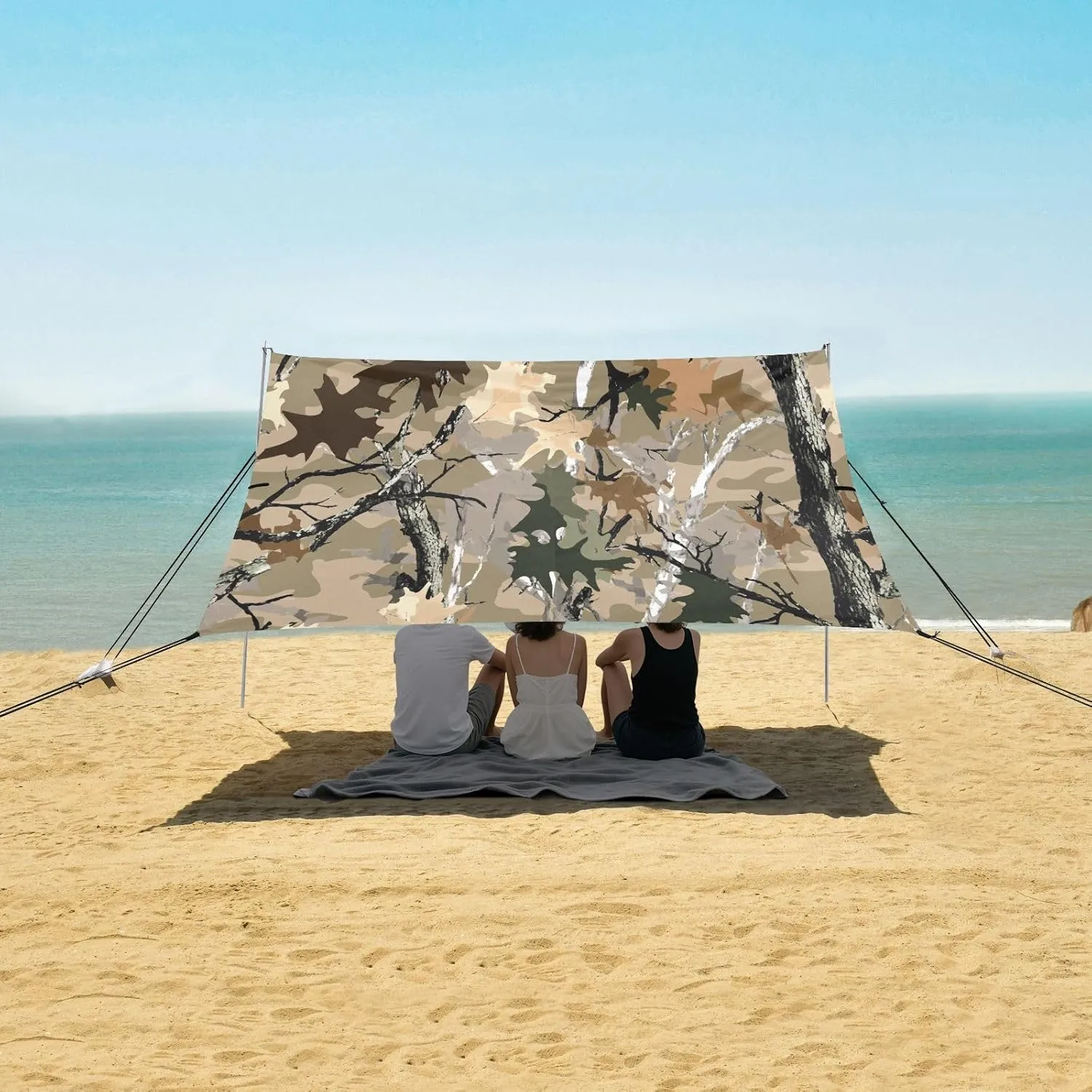 Dried Leaves Forest Camouflage Beach Canopy Tent Anti-UV & Wind Resistant, Camping Sun Shelter Easy Setup Portable,Outdoor Shade Tents with Sandbags,Sand Shovels,Ground Pegs & Stability Poles