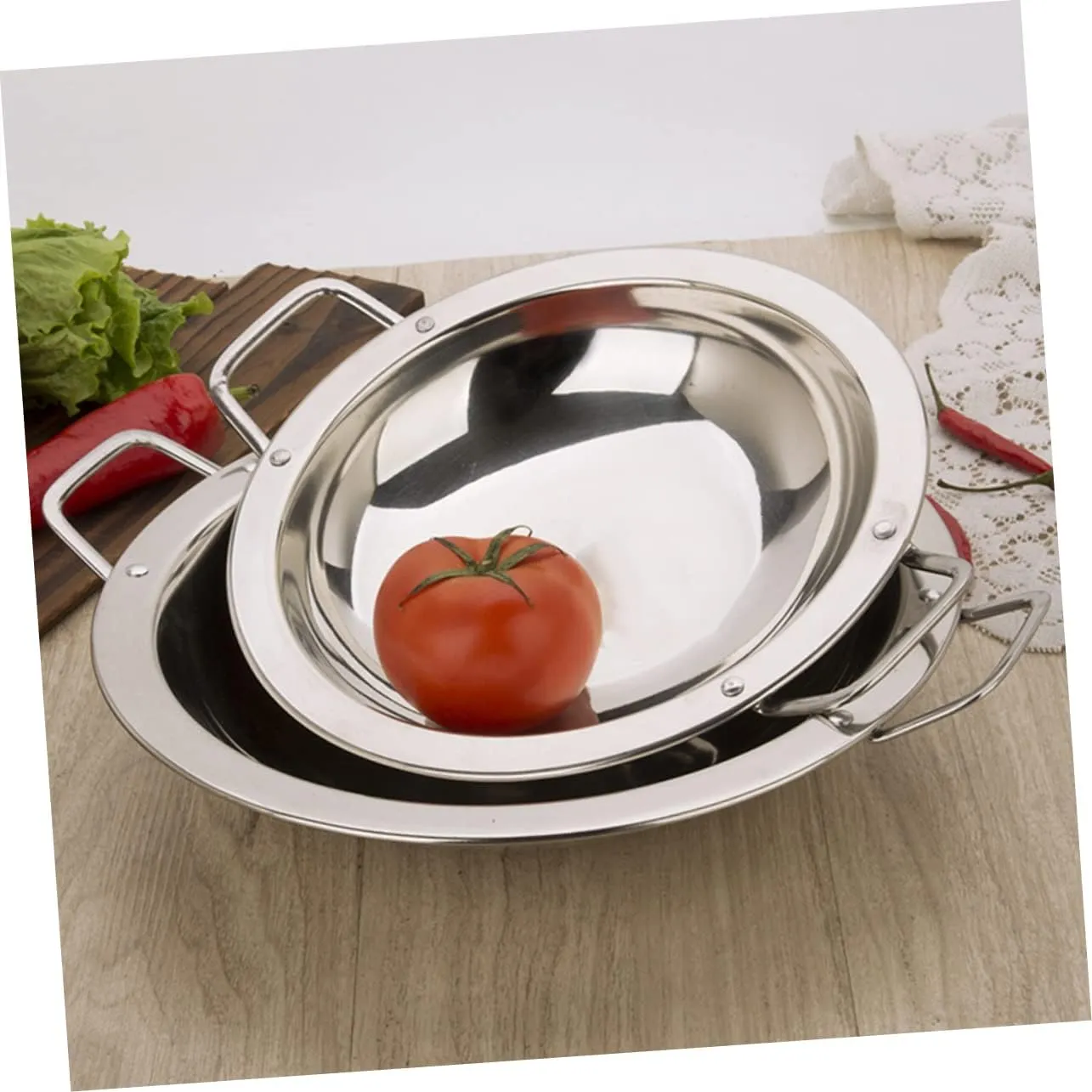Dry Pot Flat Bottom Wok Pan Wok for Induction Kitchen Frying Wok Metal Stock Pot Stainless Paella Pan Non-Stick Paella Pan Wok Frying Pan Seafood Spaghetti Stainless Steel, Silver 26X26X5.5CM