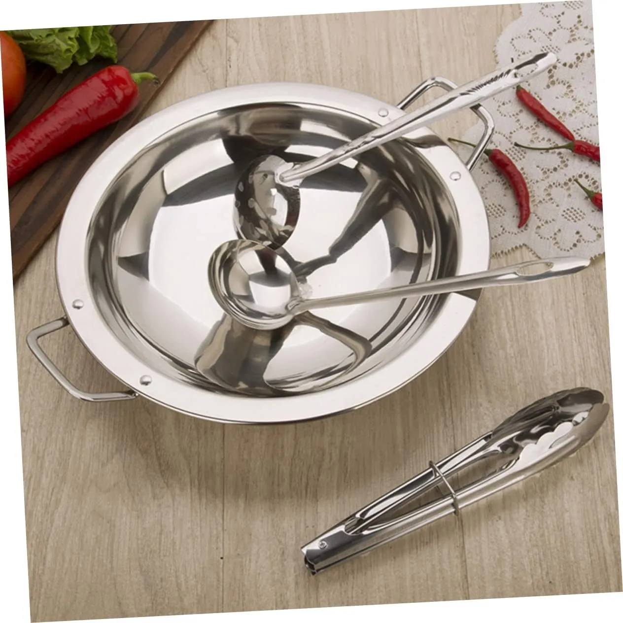Dry Pot Flat Bottom Wok Pan Wok for Induction Kitchen Frying Wok Metal Stock Pot Stainless Paella Pan Non-Stick Paella Pan Wok Frying Pan Seafood Spaghetti Stainless Steel, Silver 26X26X5.5CM