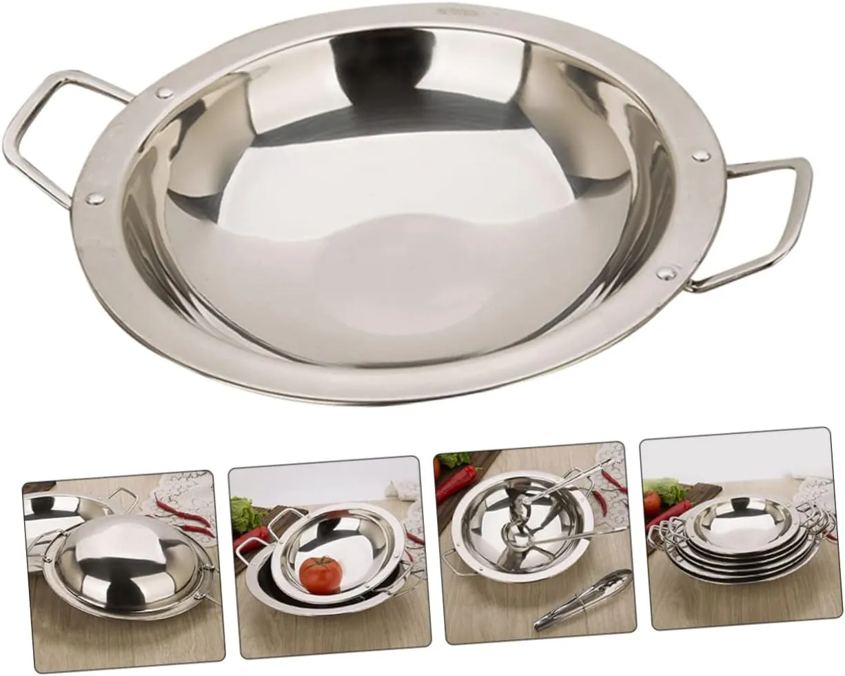 Dry Pot Flat Bottom Wok Pan Wok for Induction Kitchen Frying Wok Metal Stock Pot Stainless Paella Pan Non-Stick Paella Pan Wok Frying Pan Seafood Spaghetti Stainless Steel, Silver 26X26X5.5CM