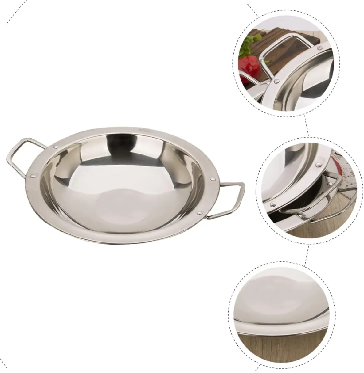 Dry Pot Flat Bottom Wok Pan Wok for Induction Kitchen Frying Wok Metal Stock Pot Stainless Paella Pan Non-Stick Paella Pan Wok Frying Pan Seafood Spaghetti Stainless Steel, Silver 26X26X5.5CM