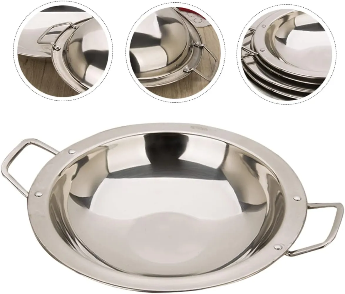 Dry Pot Flat Bottom Wok Pan Wok for Induction Kitchen Frying Wok Metal Stock Pot Stainless Paella Pan Non-Stick Paella Pan Wok Frying Pan Seafood Spaghetti Stainless Steel, Silver 26X26X5.5CM