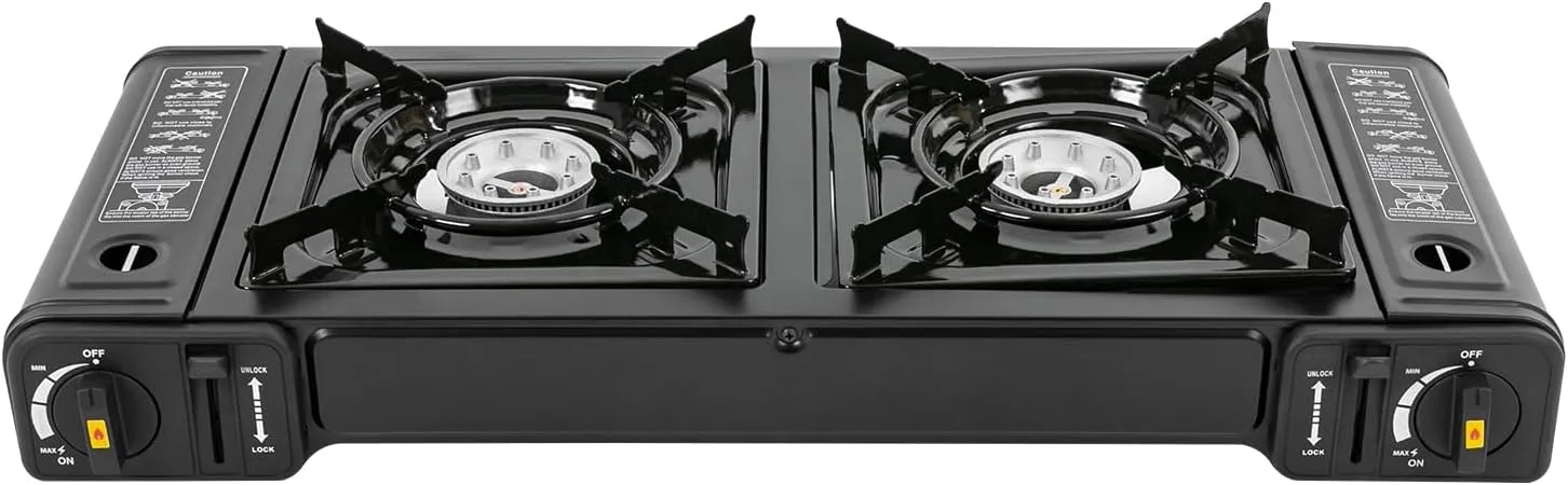 Dual Burner Portable Camping Stove, 2 Burners Butane Stove With Detachable Pot Rack, Auto Ignition Camping Double Burner For Camping, Traveling, Hiking, Picnicking, Terrace Barbecue Parties