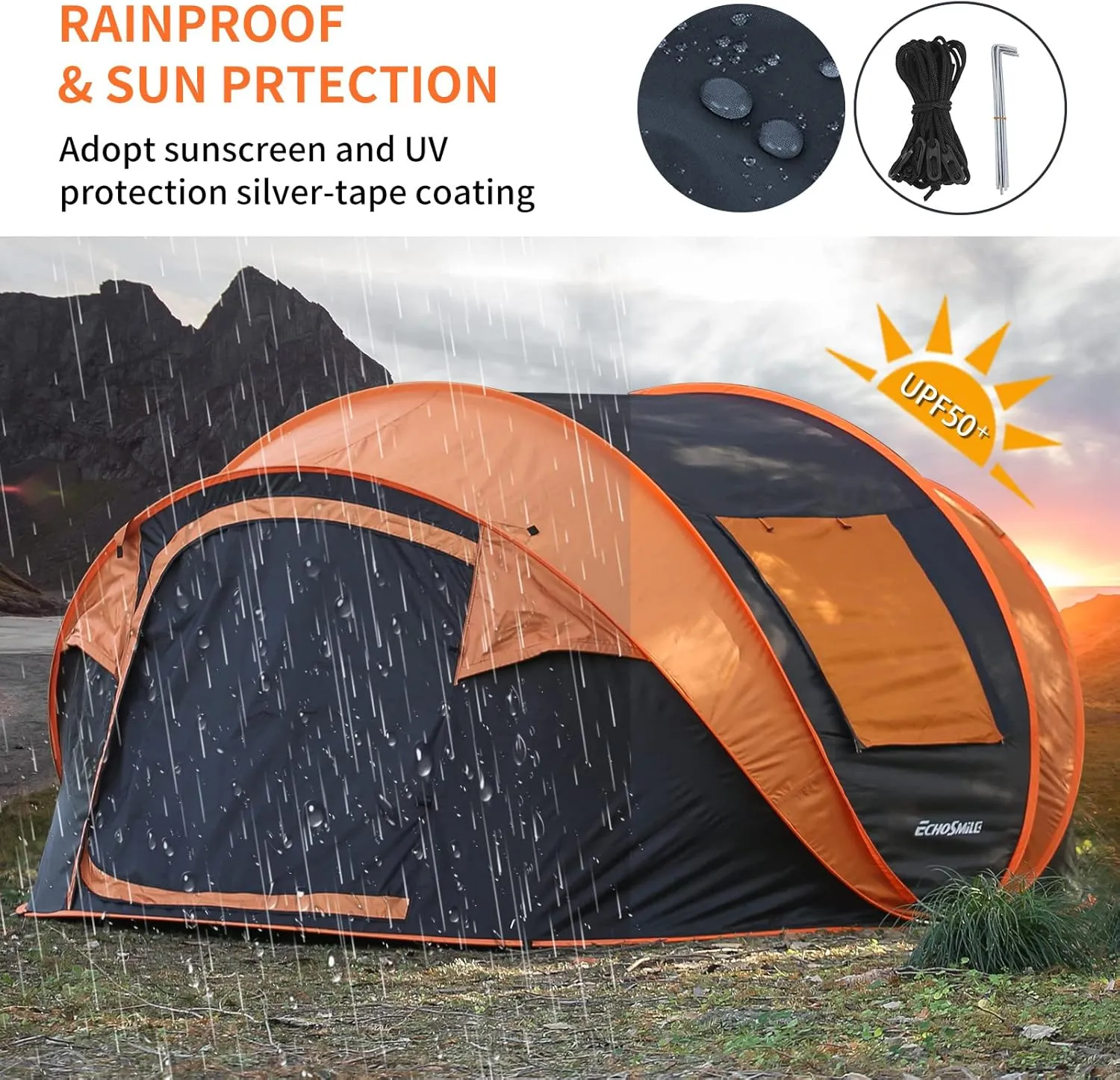 EchoSmile Camping Instant Pop Up Tent, 2/4/6/8/10 Person, Water Resistant Dome, Easy Setup for Camping Hiking and Outdoor, Portable with Carry Bag, 3 Season