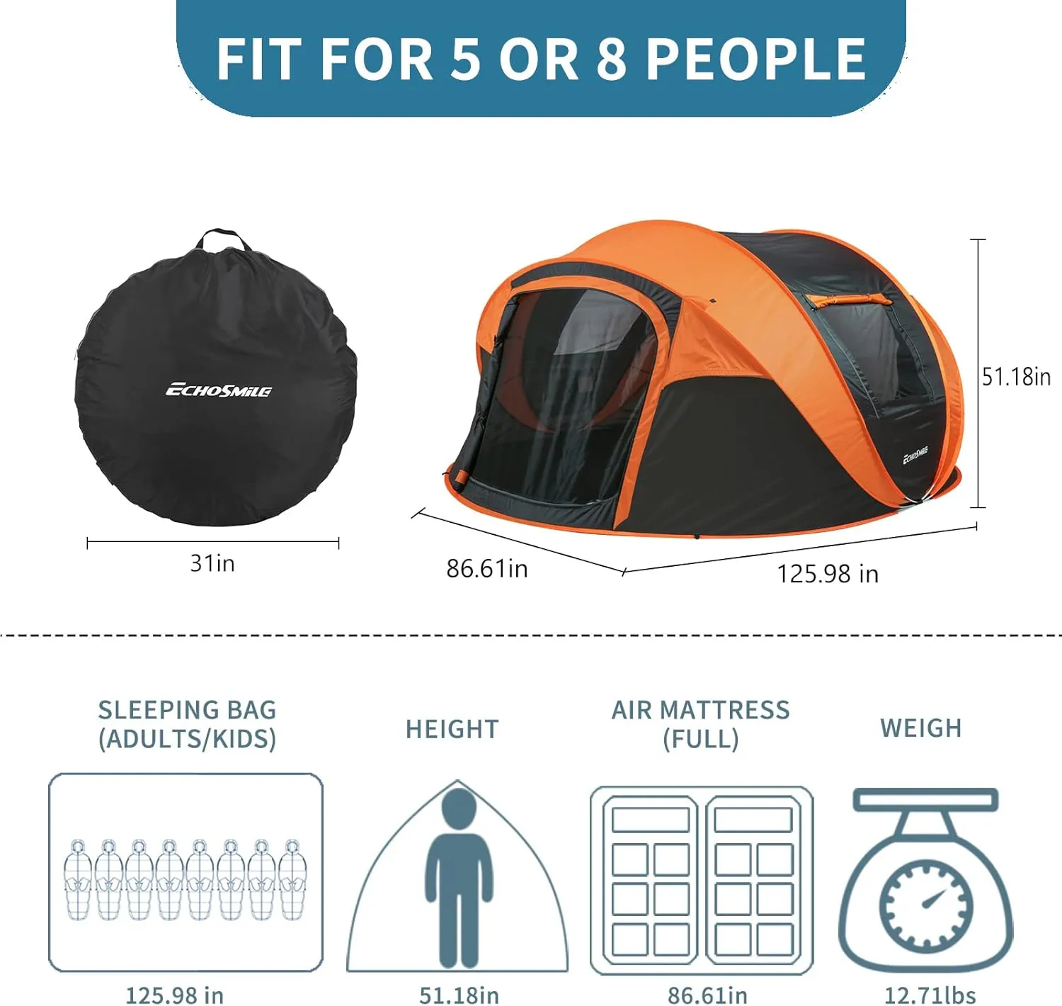 EchoSmile Camping Instant Pop Up Tent, 2/4/6/8/10 Person, Water Resistant Dome, Easy Setup for Camping Hiking and Outdoor, Portable with Carry Bag, 3 Season