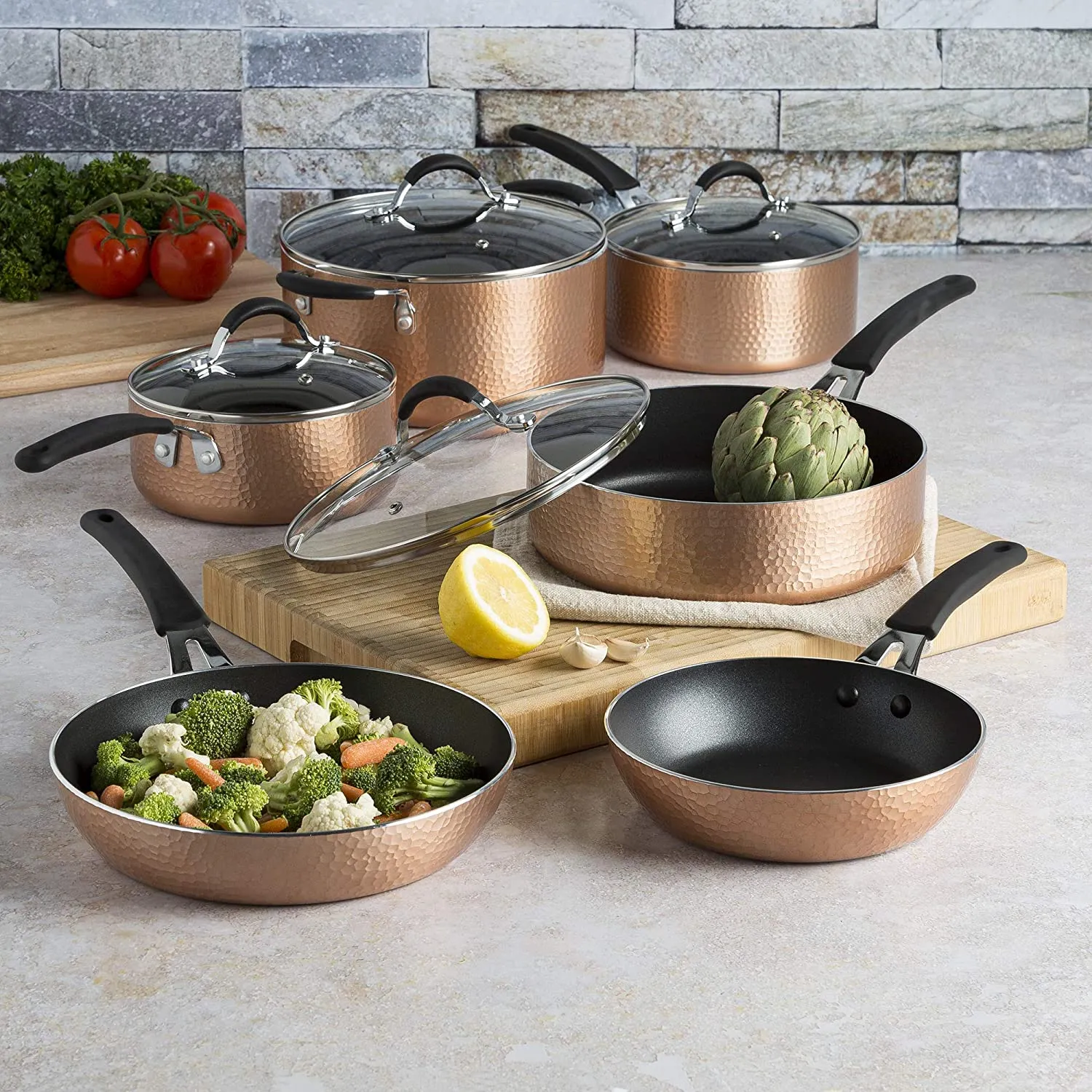 Ecolution Impressions Hammered Nonstick Pots and Pans Set, Dishwasher Safe Cookware with Riveted Stainless Steel Handles, 10-Piece