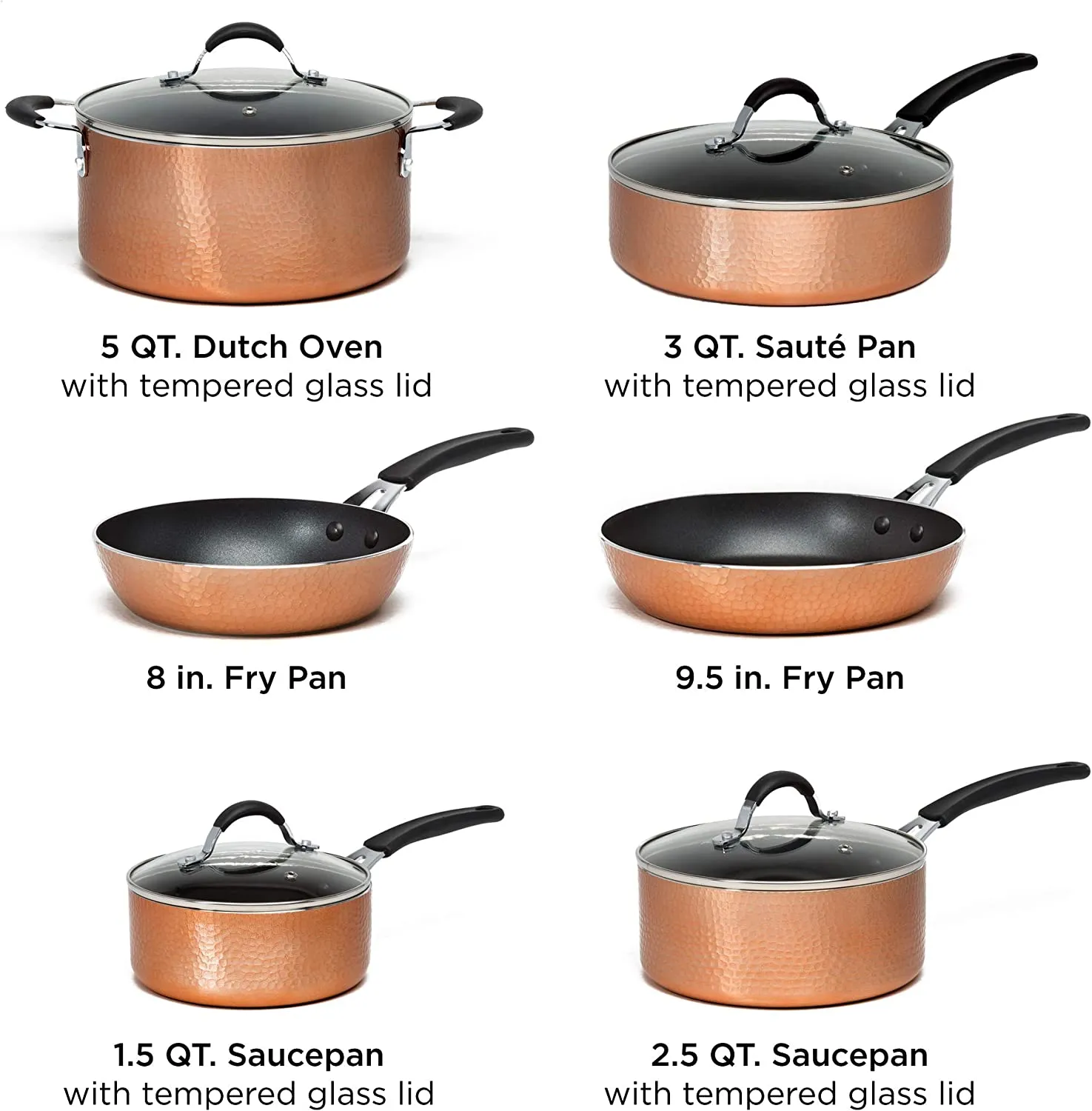 Ecolution Impressions Hammered Nonstick Pots and Pans Set, Dishwasher Safe Cookware with Riveted Stainless Steel Handles, 10-Piece