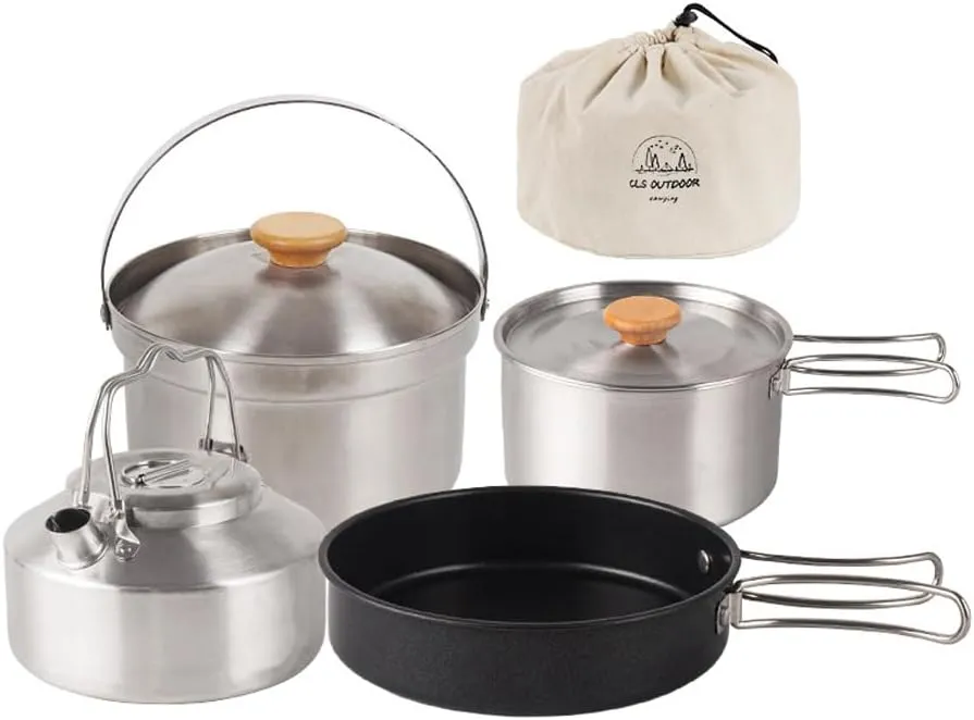 Ejoyous Camping Cookware Set, 4 Piece Outdoor Portable Cooking Kit with Non Stick Stainless Steel Pot Frying Pan Kettle, for Hiking Picnic Backpacking BBQ