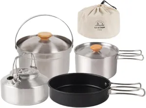 Ejoyous Camping Cookware Set, 4 Piece Outdoor Portable Cooking Kit with Non Stick Stainless Steel Pot Frying Pan Kettle, for Hiking Picnic Backpacking BBQ