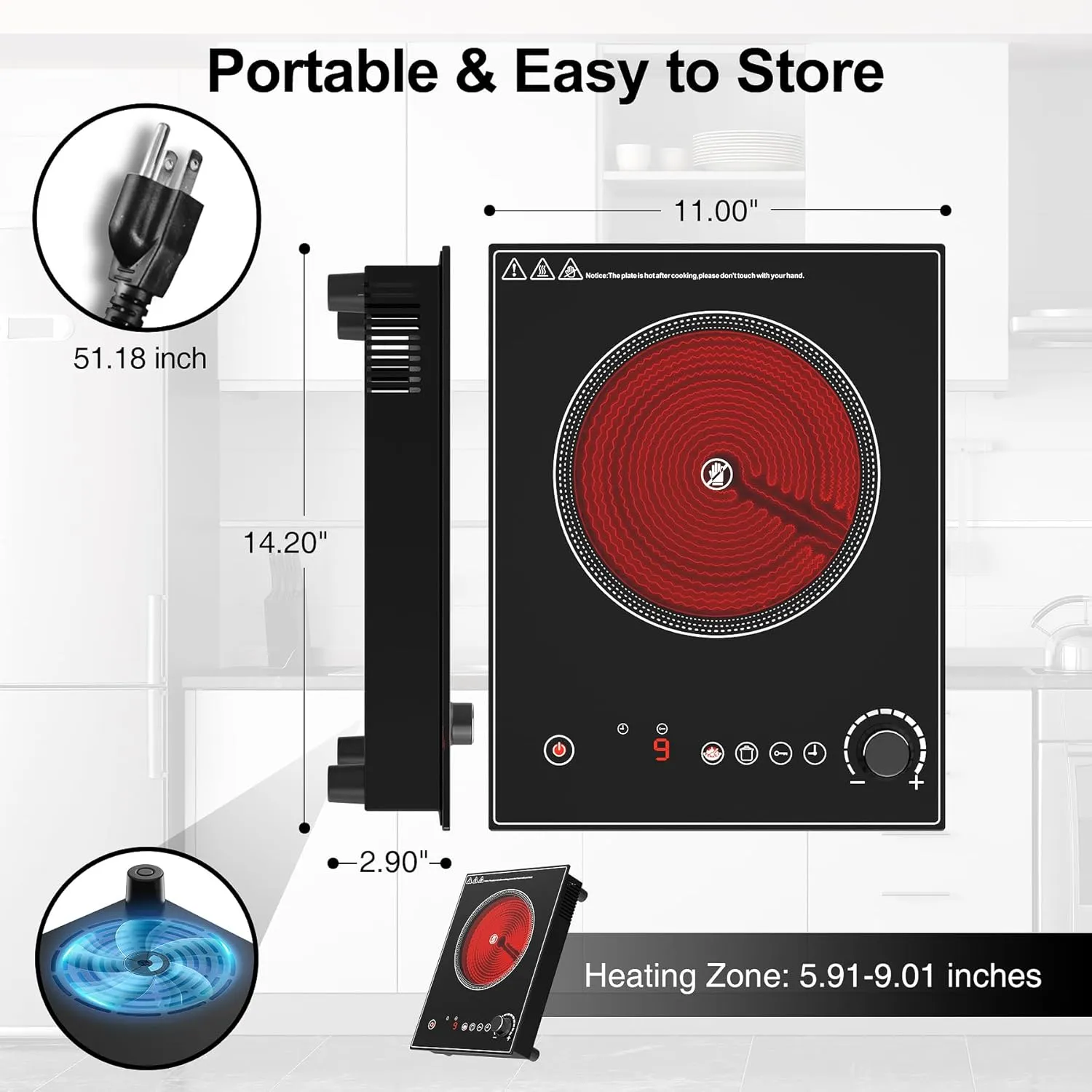 Electric Cooktop,1800W Electric Stove Top with LED Touch and Knob Control,Single Burner Electric Cooktop L9 Power Levels, Kids Lock & Timer,110V Portable Induction Cooktop for Home Camping.