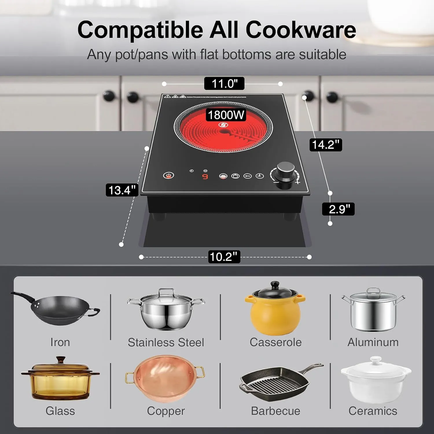 Electric Cooktop,1800W Electric Stove Top with LED Touch and Knob Control,Single Burner Electric Cooktop L9 Power Levels, Kids Lock & Timer,110V Portable Induction Cooktop for Home Camping.