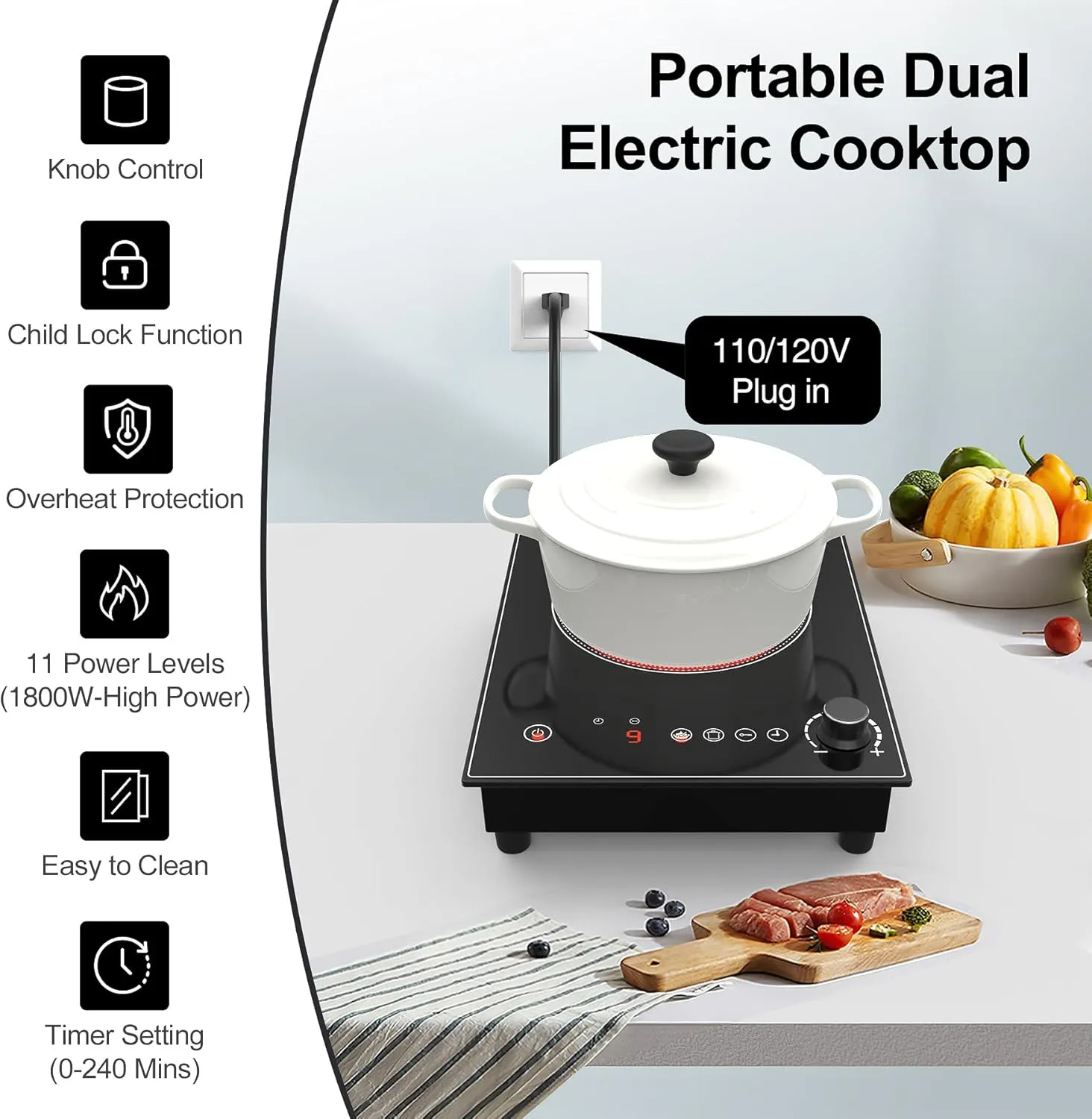 Electric Cooktop,1800W Electric Stove Top with LED Touch and Knob Control,Single Burner Electric Cooktop L9 Power Levels, Kids Lock & Timer,110V Portable Induction Cooktop for Home Camping.