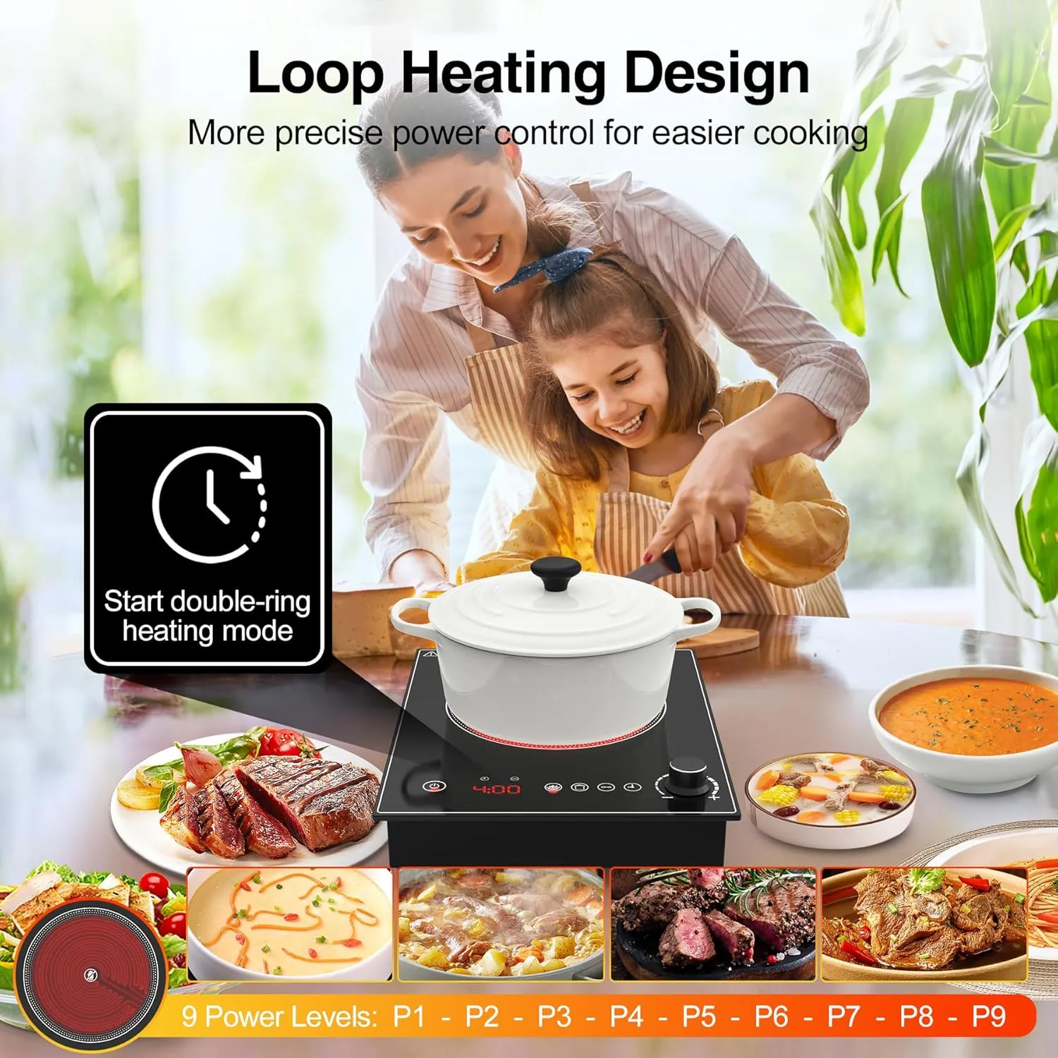Electric Cooktop,1800W Electric Stove Top with LED Touch and Knob Control,Single Burner Electric Cooktop L9 Power Levels, Kids Lock & Timer,110V Portable Induction Cooktop for Home Camping.