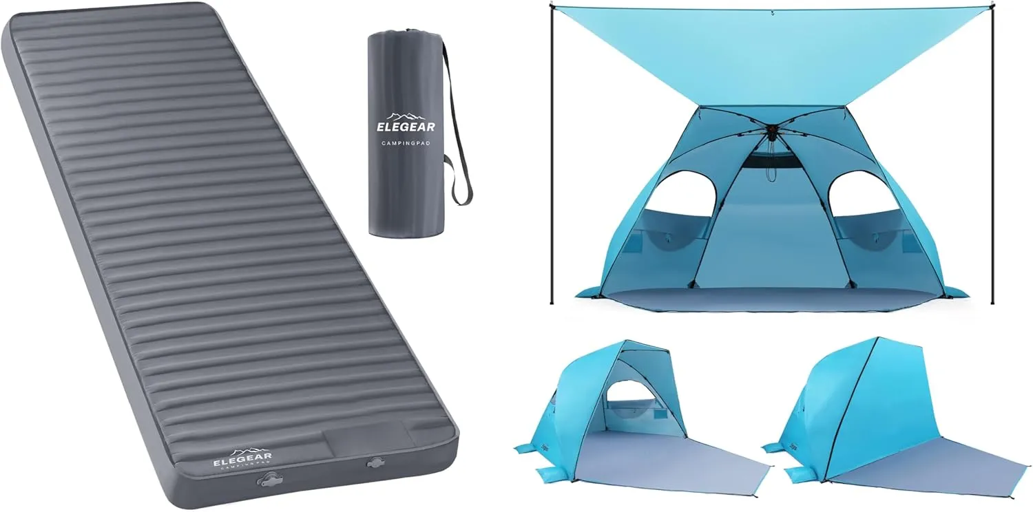 Elegear Air & Foam Camping Sleeping Pad & Beach Tent with Canopy 4-6 Person Blue Bundle