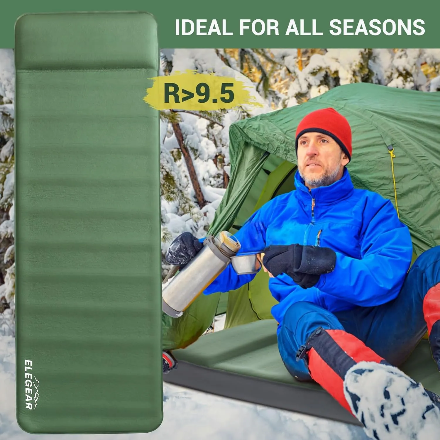 Elegear Air & Foam Self Inflating Sleeping Pad, Built-in Electric Pump 4" Ultra-Thick Memory Foam Camping Mattress with Pillow Camping Pad 4-Season R-Value 9.5 Camp Mat for Car/Traveling - Single