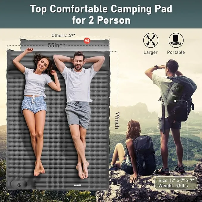 Elegear Double Sleeping Pad for Camping, 4" Ultra-Thick Self Inflating Camping Pad 2 Person with Pillow Built-in Foot Pump Camping Sleeping Mat for Backpacking, Hiking, Portable Camping Pad