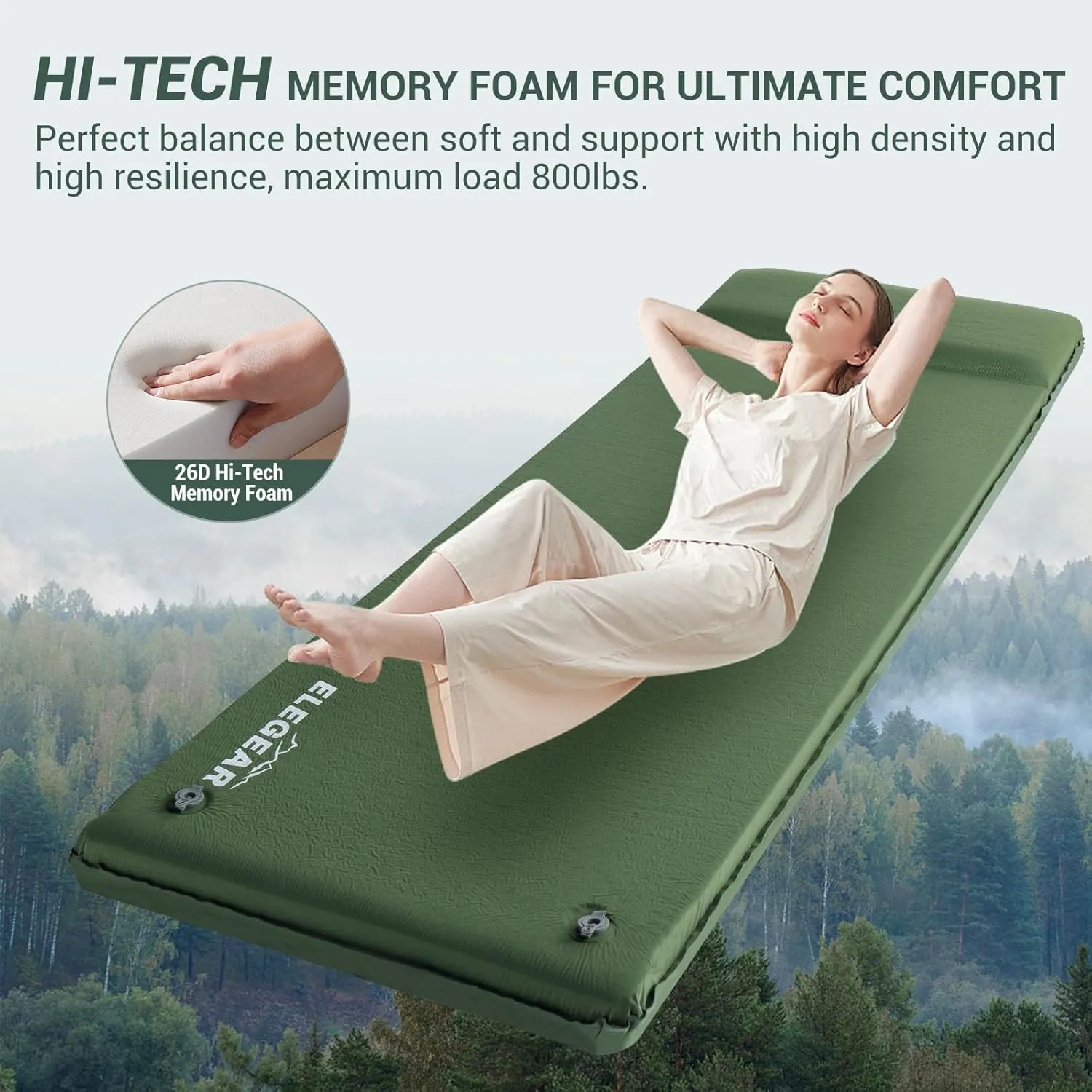 Elegear Self Inflating Sleeping Pad, 3.15" Ultra-Thick Memory Foam Camping Pad with Pillow Fast Inflating in 20s Insulated Camping Mattress Pad 4-Season Camp Sleeping Mat for Camp/Travel/Car/Tent
