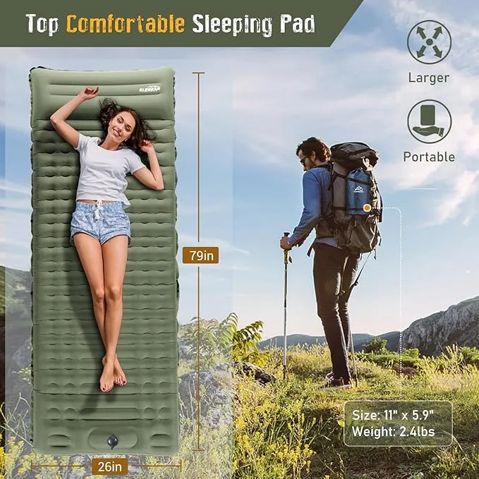 Elegear Self Inflating Sleeping Pad for Camping, 4" Ultra-Thick Camping Mattress Pad with Pillow Built-in Foot Pump Camping Sleeping Mat for Backpacking, Hiking, Portable Camping Pad
