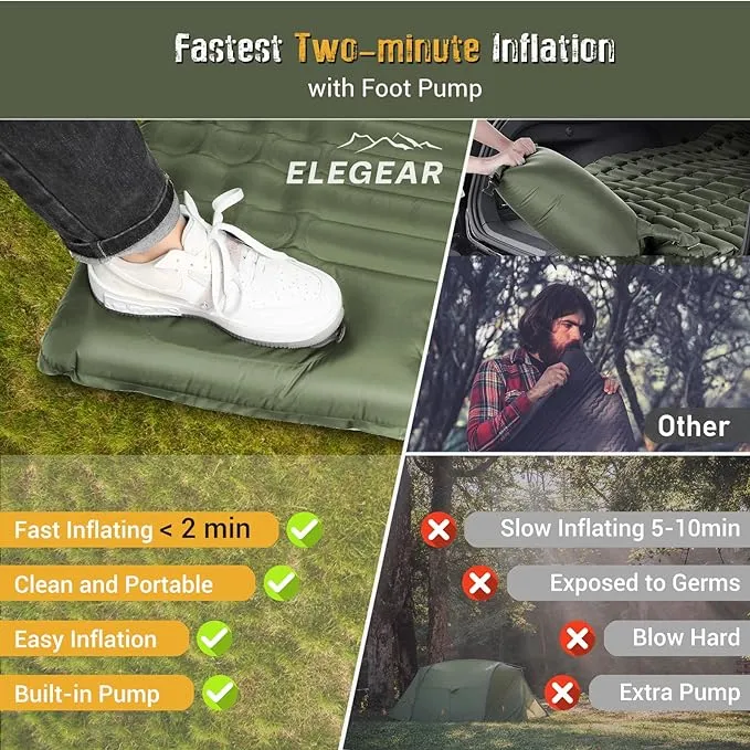 Elegear Self Inflating Sleeping Pad for Camping, 4" Ultra-Thick Camping Mattress Pad with Pillow Built-in Foot Pump Camping Sleeping Mat for Backpacking, Hiking, Portable Camping Pad