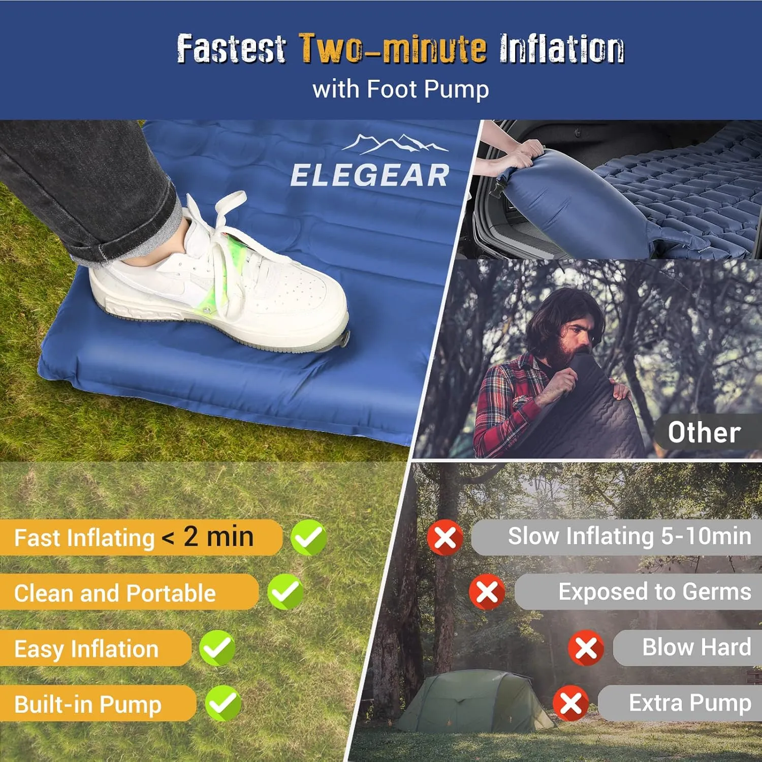 Elegear Self Inflating Sleeping Pad for Camping, 4" Ultra-Thick Camping Mattress Pad with Pillow Built-in Foot Pump, Portable Sleeping Mat for Backpacking, Hiking, Tent