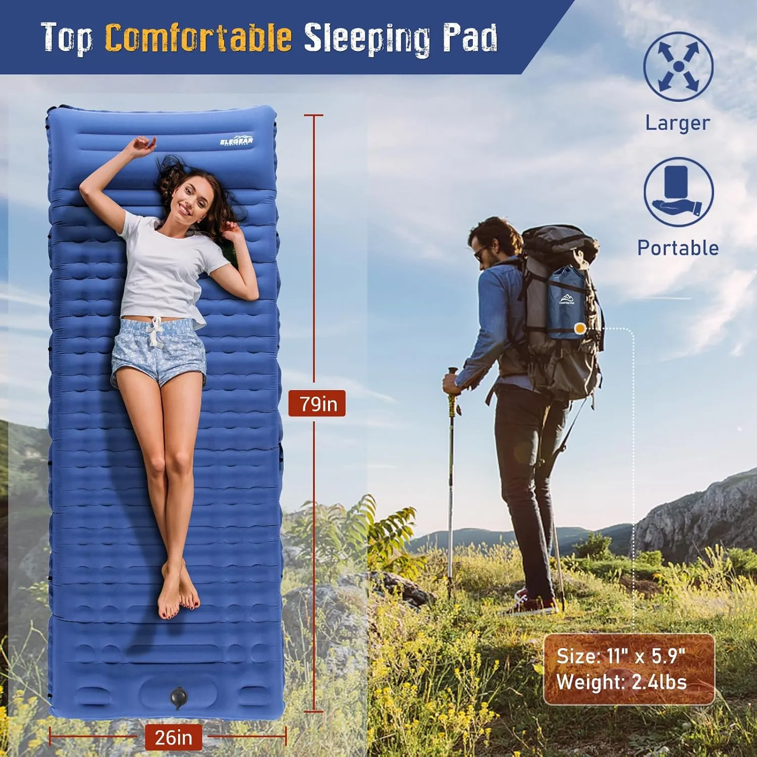 Elegear Self Inflating Sleeping Pad for Camping, 4" Ultra-Thick Camping Mattress Pad with Pillow Built-in Foot Pump, Portable Sleeping Mat for Backpacking, Hiking, Tent