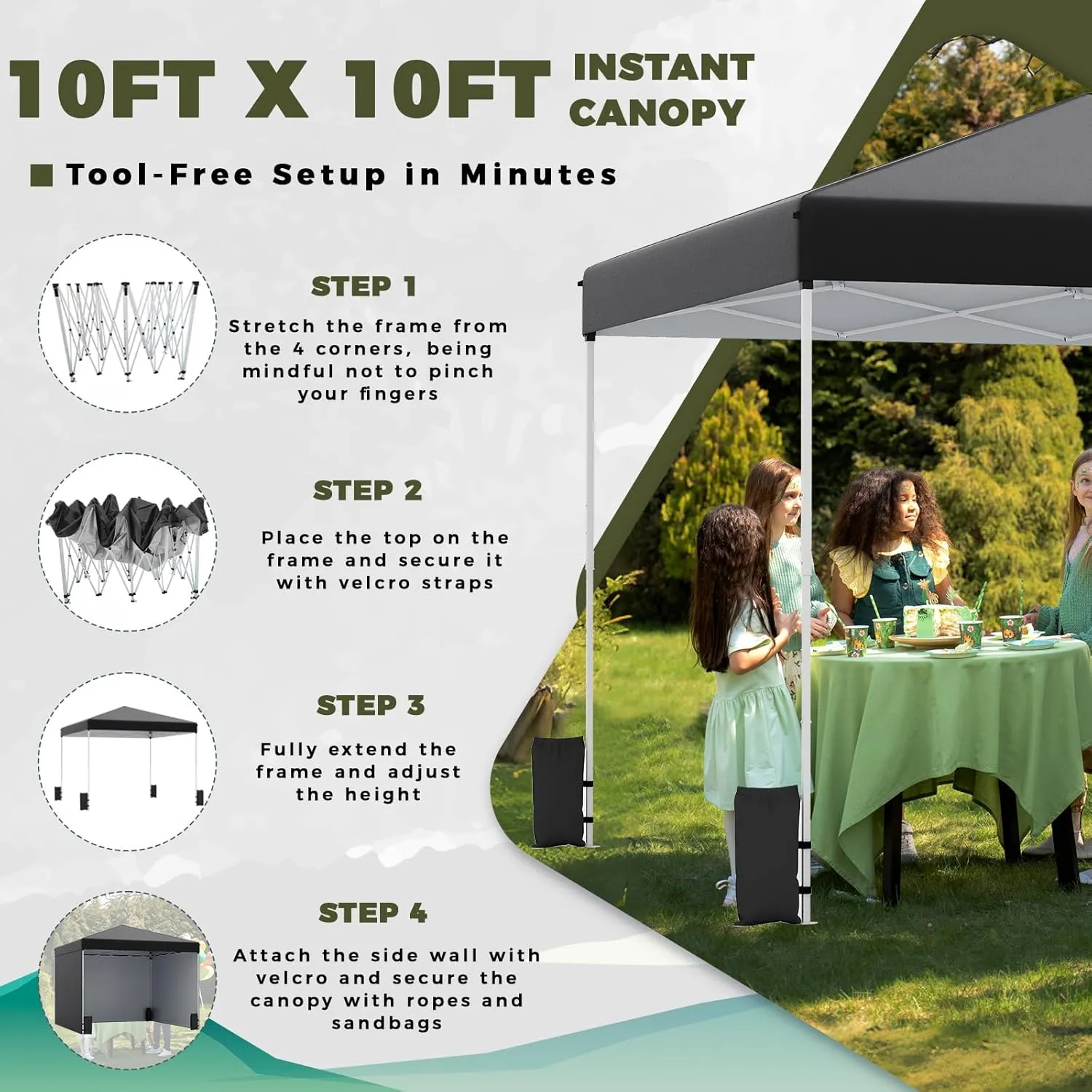 EROMMY 10' x 10' Pop Up Canopy Tent with 3 Sidewall, Easy Outdoor Sun Shade, Portable Shelter Gazebo for Events, Parties and Camping (Black)